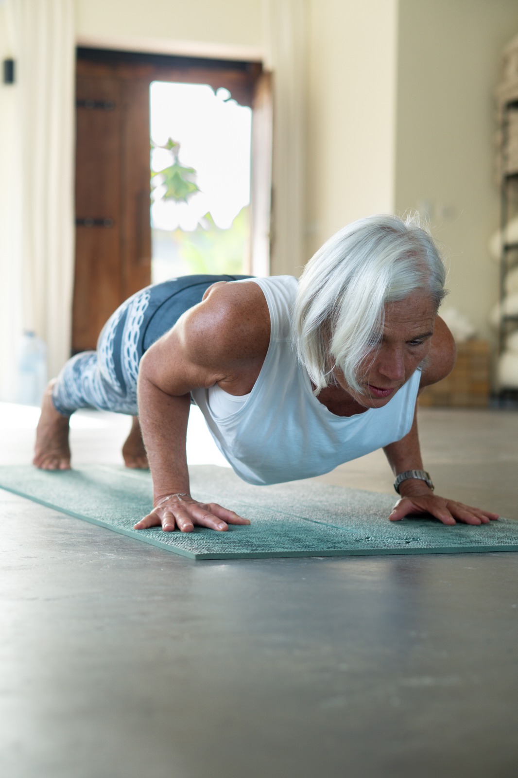 Plank position demonstrating core strength and stability
